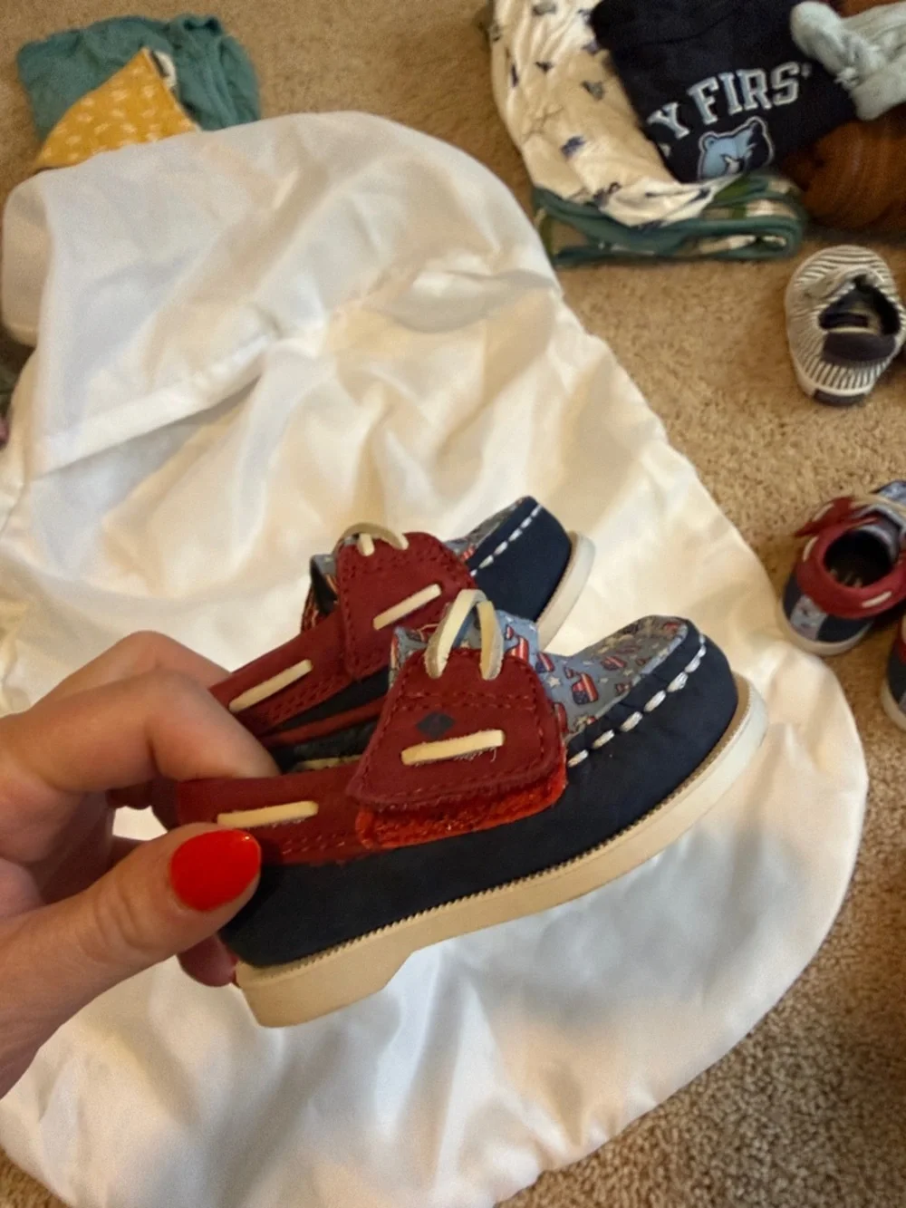 Sperry and Vineyard Vines Red Suede  Baby Moccasins with patriotic whales Size 2
